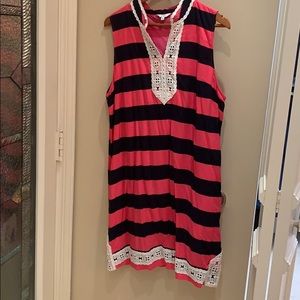 Pink and navy stripe shift dress